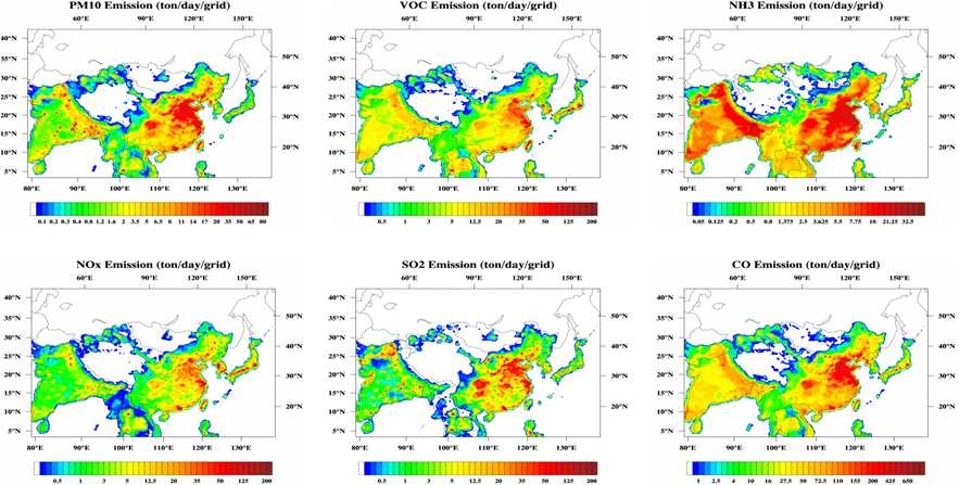 Fig. 57. Horizontal distributions of emission rate (t day-1 grid-1) of (a) PM10, (b) VOC, (c) NH3, (d) NOx, (e) SO2, and (f) CO (1 grid: 30km x 30km) on March 2006.