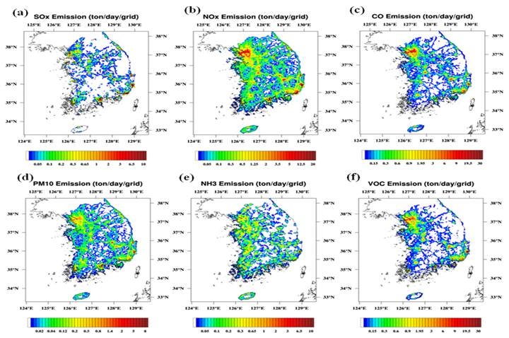 Fig. 58. Emission inventory of (a) SO2, (b) NOx, (c) CO, (d) PM10, (e) NH3, and (f) VOC obtained from CAPSS 2007