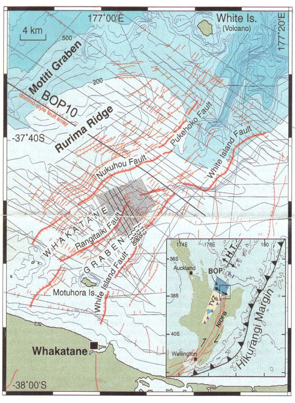 Interpretation map of the Whakatane Graben showing the major active faults and the positions of the multichannel seismic and 3.5 KHz profiles.