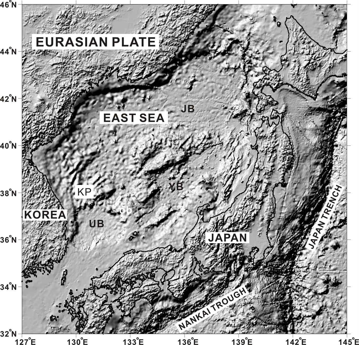 (a) Physiography of the East Sea (Japan Sea). KP = Korea Plateau and UB = Ulleung Basin. (b) Shaded bathymetry of the eastern margin of Korea from swath bathymetry data. The Hupo Basin and the Hupo Bank are outlined. HP = Hupo Basin and HB = Hupo Bank.