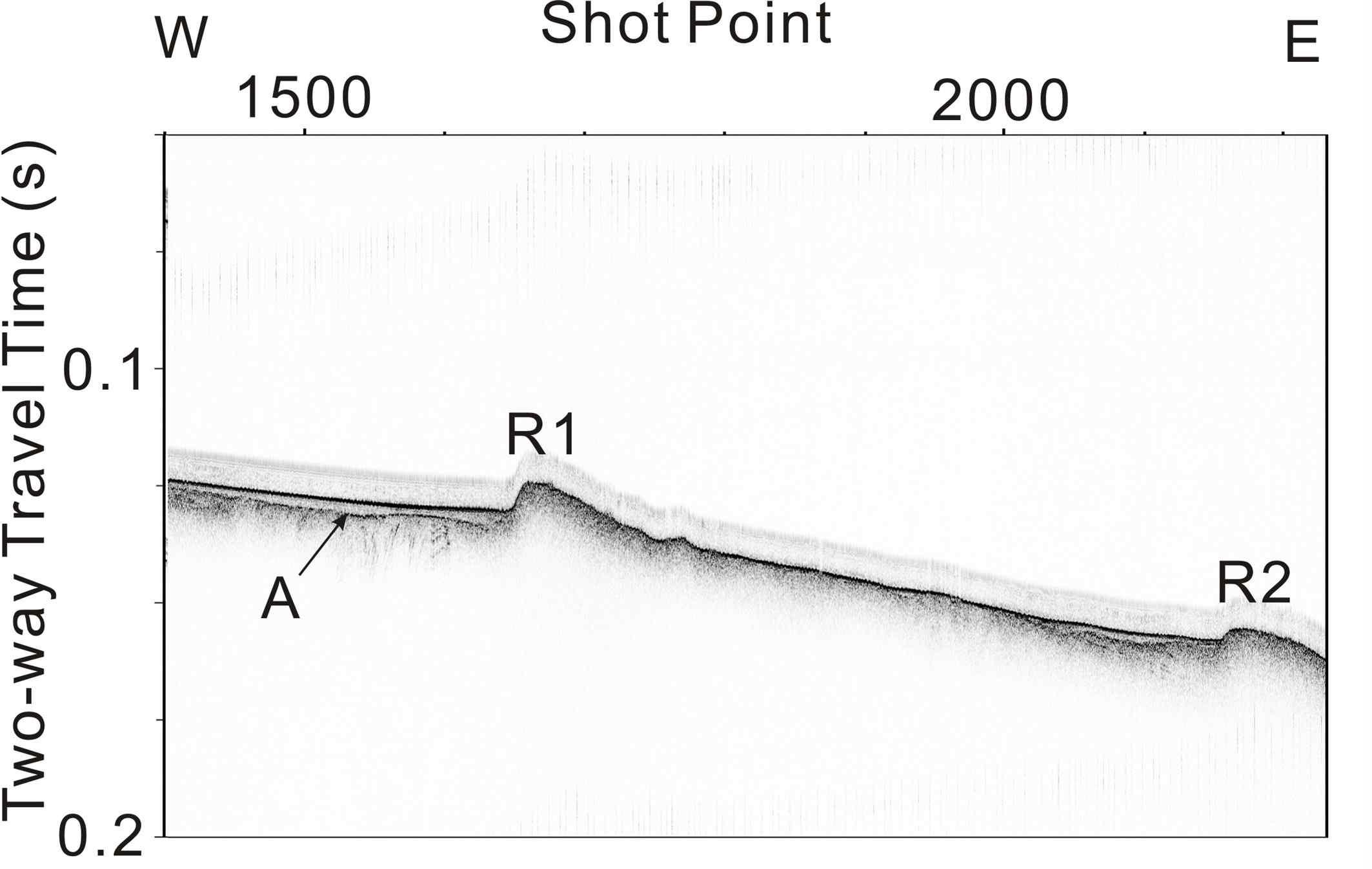 (b) Chirp sonar profile U10-05. “A” denotes the unconformity discussed in the text.