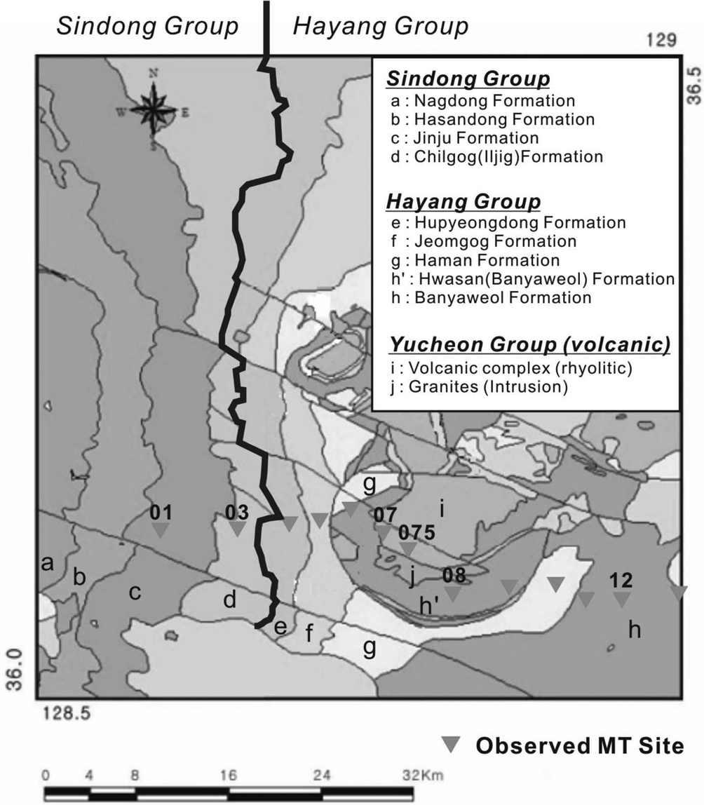 Regional geological map in and around the Hwasan caldera area (modified after Yoo et al., 2005). The MT profile in this study has been designed to go across the Hwasan caldera with the direction of EW.