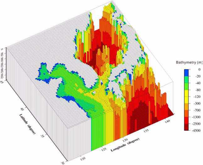 Three-dimensional model including surrounding seas of the Korean Peninsula for correcting the sea effect. Bathymetry data were complied from ETOPO5 data-set (http://www.ngdc.noaa.gov /mgg/global) and simplified for the convenience of numerical modeling..