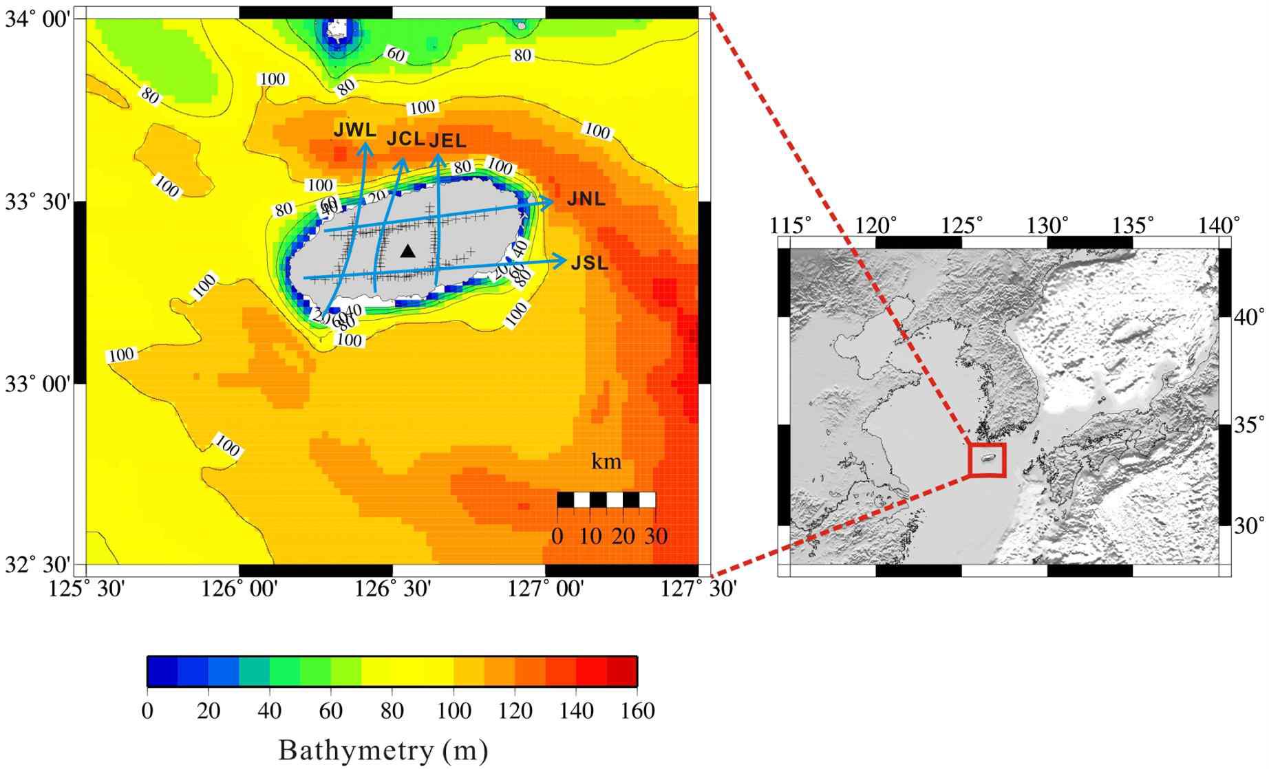 A bathymetry map around Jeju Island. A total of 102 MT sites (cross hairs) are distributed along five survey lines (JSL: Jeju Southern Line, JNL: Jeju Northern Line, JEL: Jeju Eastern Line, JWL: Jeju Western Line, JCL: Jeju Central Line).