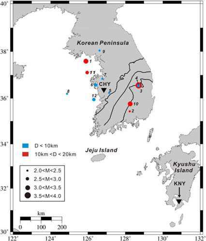 The map showing the earthquakes occurred within 200 km from the Cheongyang observatory (site CHY) during March to August 2009. The solid lines indicate major tectonic boundaries of the southern Korean Peninsula. The Kanoya observatory (site KNY) is a fixed permanent observatoryoperated by Japan Meterological Agency.