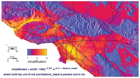 그림 2.1.2. Los Angeles 지역의 지반 특성에 따른 지진 증폭 정도 분포