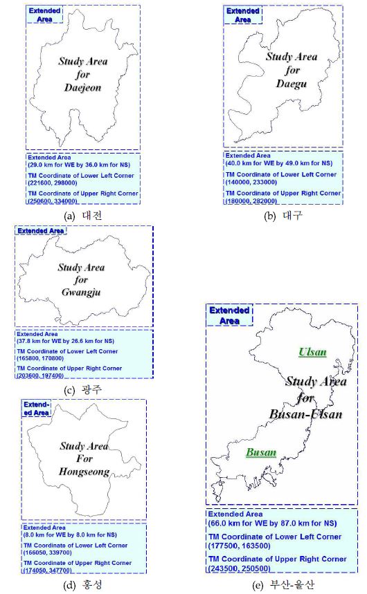 그림 3.4.1. 대상 지역의 확장 영역과 연구 영역의 좌표 및 영역 크기