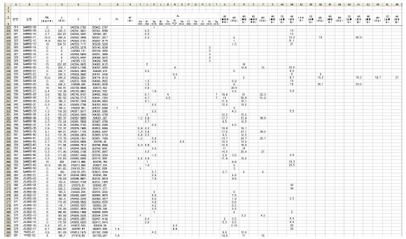 그림 3.4.2. 지반-지식 DB의 구성 스프레드 쉬트(대전 일부) 사례