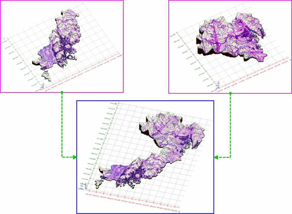 그림 3.4.15. 인접 대도시들 지반 정보의 공간 좌표 기반 통합 중첩에 관한 개념