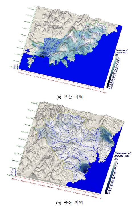 그림 3.4.33. 부산 및 울산 각 지역 퇴적토 두께 분포에 관한 지표면 투영 분포