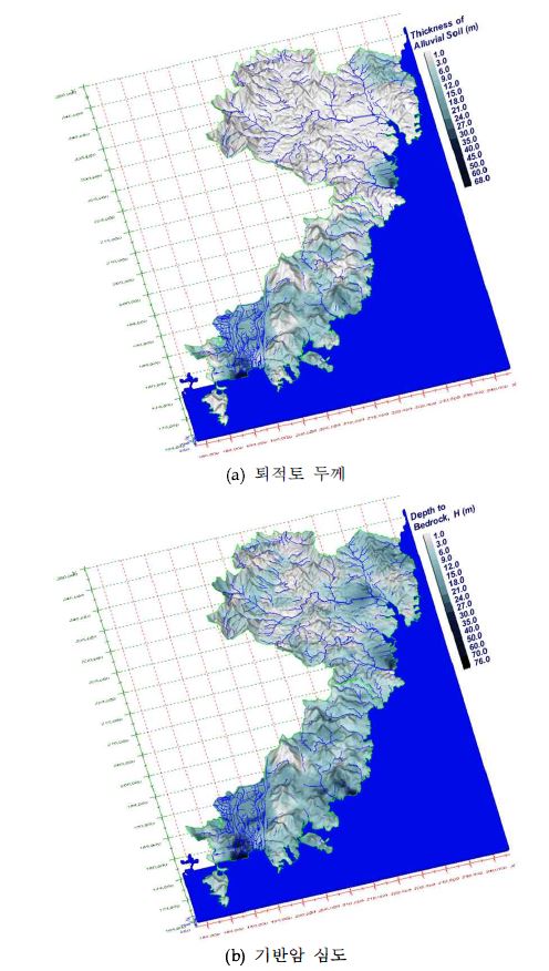 그림 3.4.34. 부산-울산 광역 지역 대표적 지층 분포에 관한 지표면 투영 분포