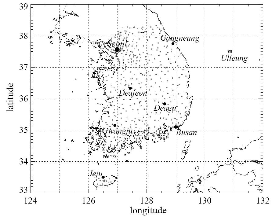 Figure 5. Map of AWSs in the Korean Peninsula.