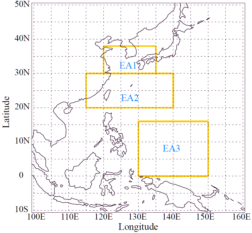 Figure 22. Map of three selected regions used in this study including the midlatitude region including the Korea Peninsula (EA1), subtropical east Asia (EA2) and tropical east Asia (EA3).