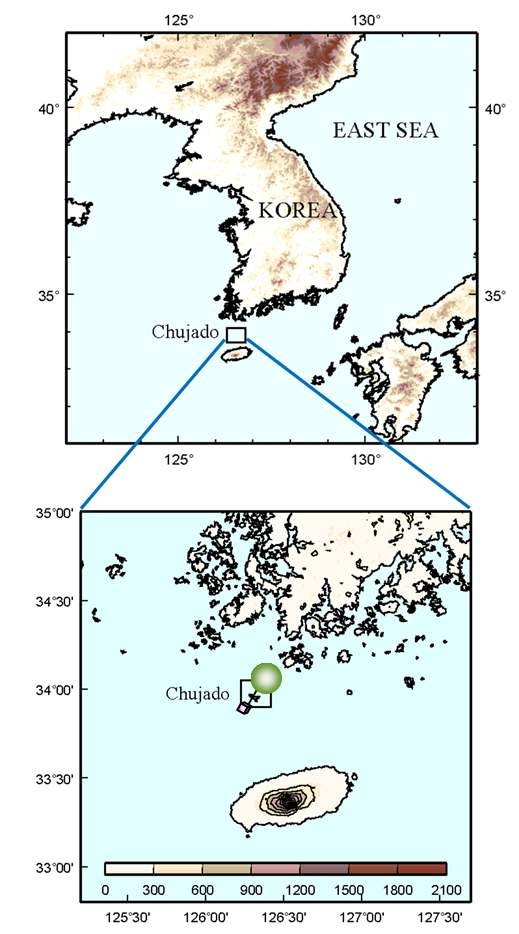 Fig. 3.4.1. Geographic map of Korean Peninsula in East Asia. Position of observation site (Chujado, black box) is shown.