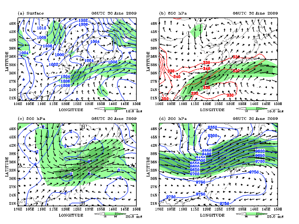 Fig. 3.4.3. Synoptic weather conditions using NCEP/NCAR reanalysis data at 1500 LST on 30 June 2009.