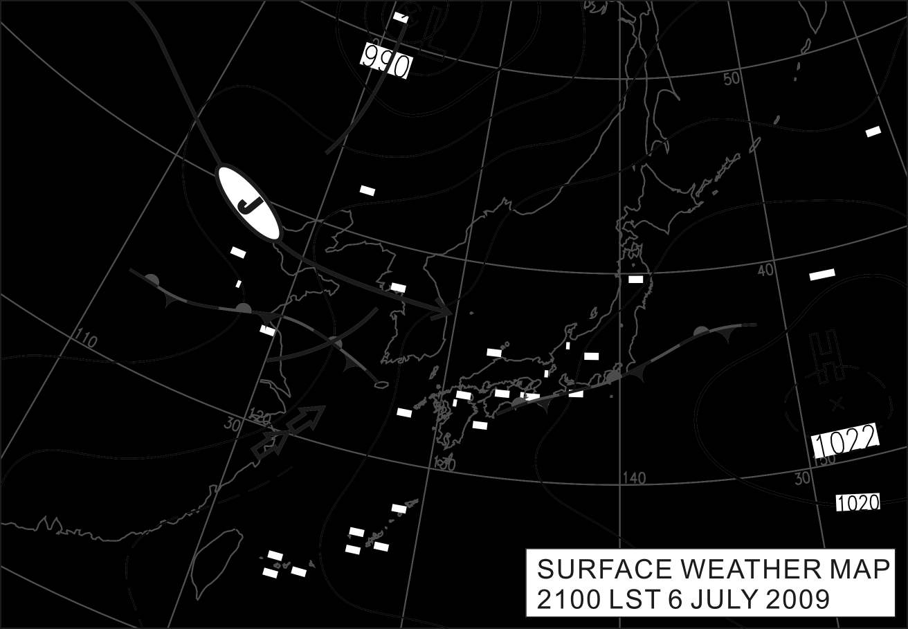 Fig. 3.5.2. JMA surface weather maps, trough positions at 500 hPa, and streamline and jet position at 2100 LST 06 July, 2009.