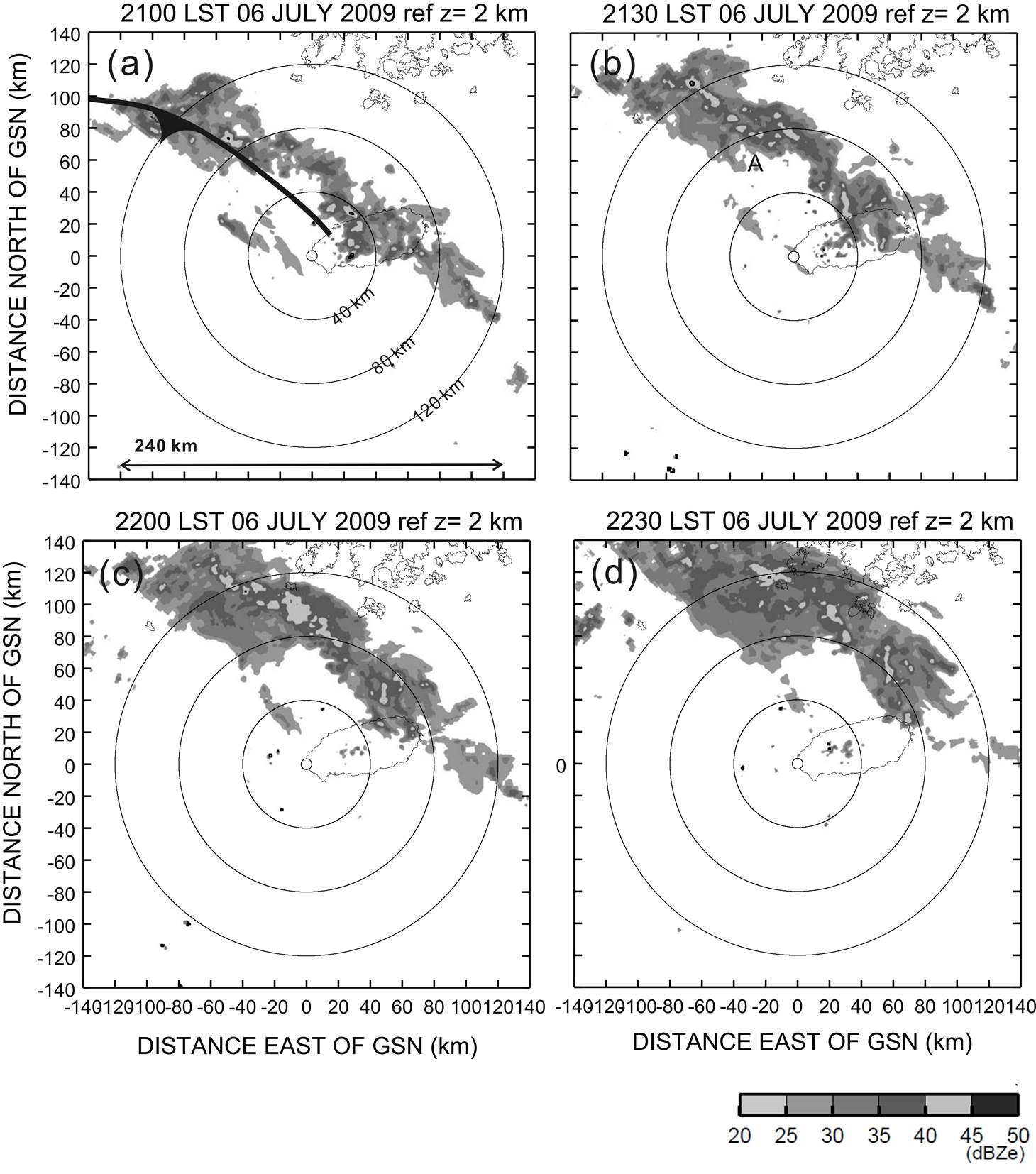 Fig. 3.5.6. The reflectivity (dBZ) observed by GSN Doppler radar at 30 min. intervals from (a) 2100 LST to (d) 2230 LST, 06 July 2009.