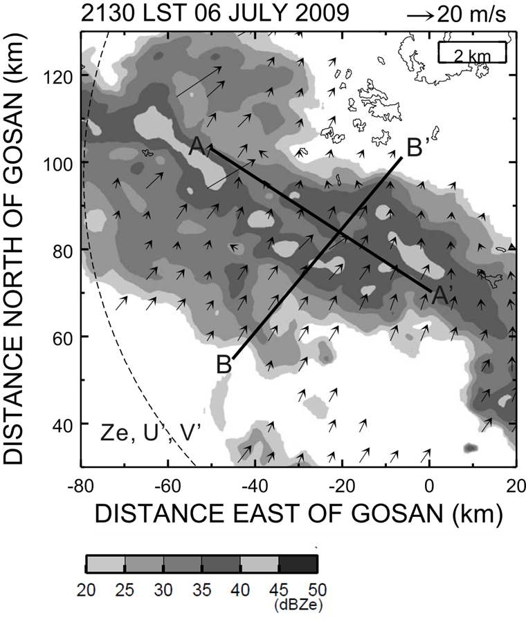 Fig. 3.5.7. Horizontal distributions of reflectivity and system relative wind vector at 2 km at 2130 LST 06 July, 2009.