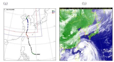 Fig. 3.1.7. (a) Path of the typhoon ‘MEARI’ and (b) satellite image.