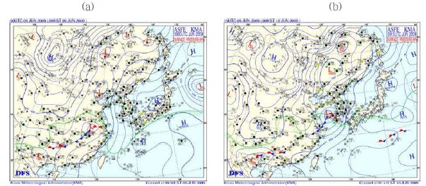 Fig. 3.1.16. Surface weather chart at (a) 0900 LST on 9 June and (b) 0000 LST on 10 June 2009.