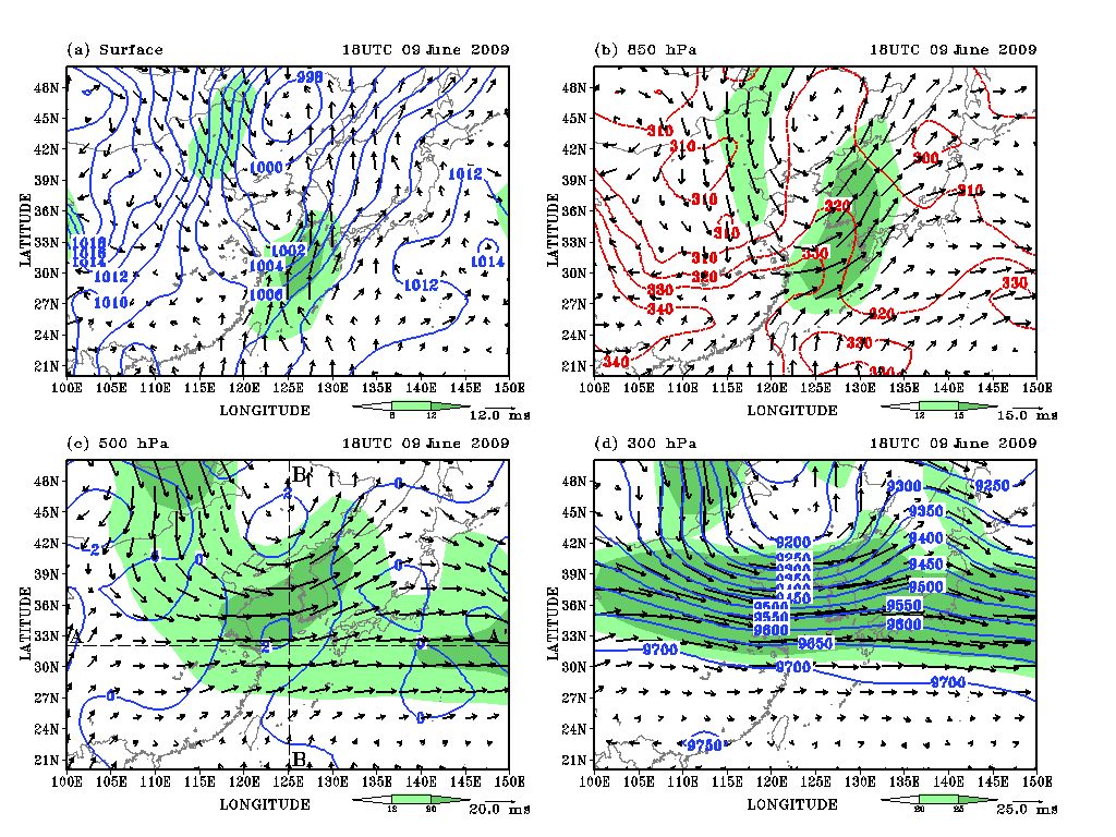 Fig. 3.1.17. (a) Pressure and wind vector at the surface, (b) equivalent potential temperature and wind vector at the level of 850 hPa, (c) relative vorticity and wind vector at the level of 500 hPa, (d) geopotential height and wind vector at the level of 300 hPa at 0300 LST on 10 June 2009.