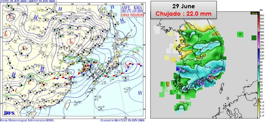 Fig. 3.1.23 Surface weather chart at 0600 LST on 29 June 2009 and daily rainfall amount at Chujado.