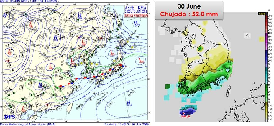 Fig. 3.1.24 Surface weather chart at 1500 LST on 30 June 2009 and daily rainfall amount at Chujado.