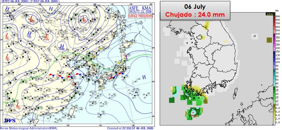 Fig. 3.1.26. Surface weather chart at 2100 LST on 6 July 2009 and daily rainfall amount at Chujado.