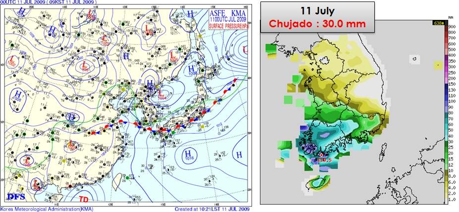 Fig. 3.1.28. Surface weather chart at 0900 LST on 11 July 2009 and daily rainfall amount at Chujado.