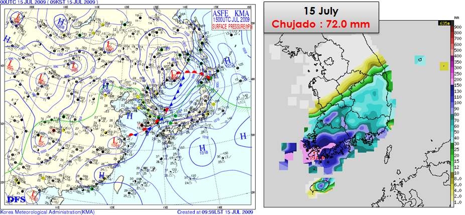 Fig. 3.1.30. Surface weather chart at 0900 LST on 15 July 2009 and daily rainfall amount at Chujado