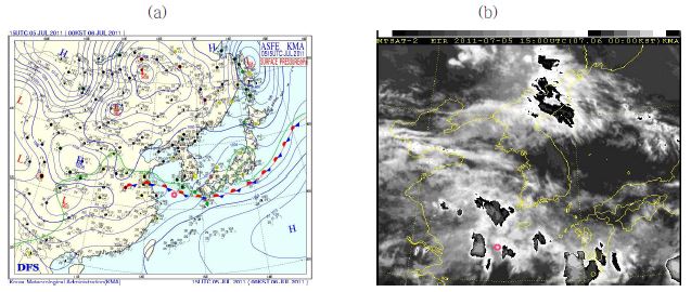 Fig. 3.1.33. Surface weather chart and satellite image at 0000 LST on 6 July 2011.