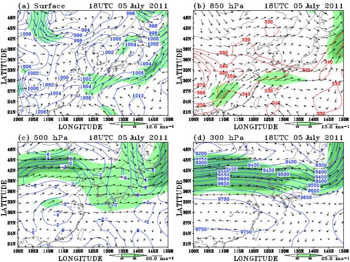 Fig. 3.1.34. (a) Pressure and wind vector at the surface, (b) equivalent potential temperature and wind vector at the level of 850 hPa, (c) relative vorticity and wind vector at the level of 500 hPa, (d) geopotential height and wind vector at the level of 300 hPa at 0300 LST on 6 July 2011.