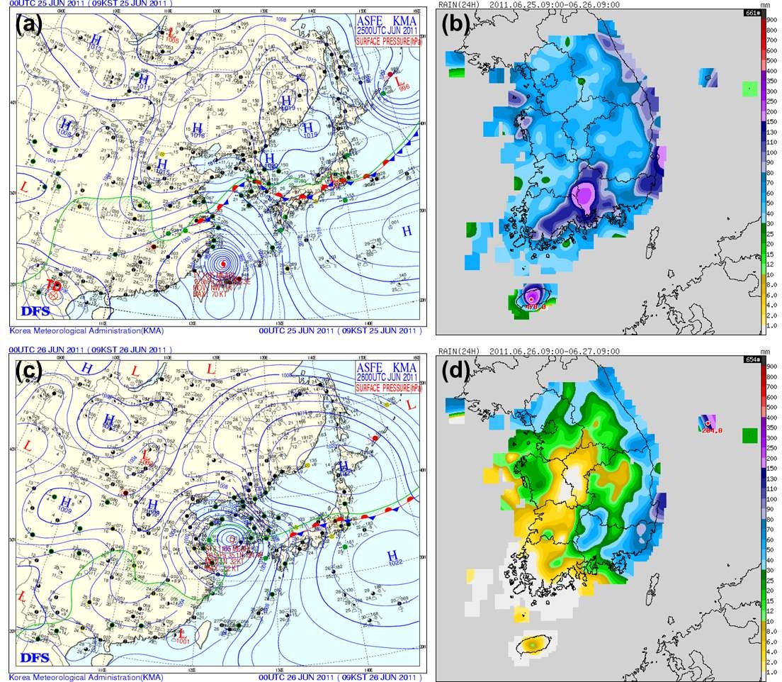 Fig. 3.1.37. (a) The surface weather chart, (b) total rain amount in June 25, 2011, (c) the same as (a) and (d) the same as (d) but for June 26, 2011.