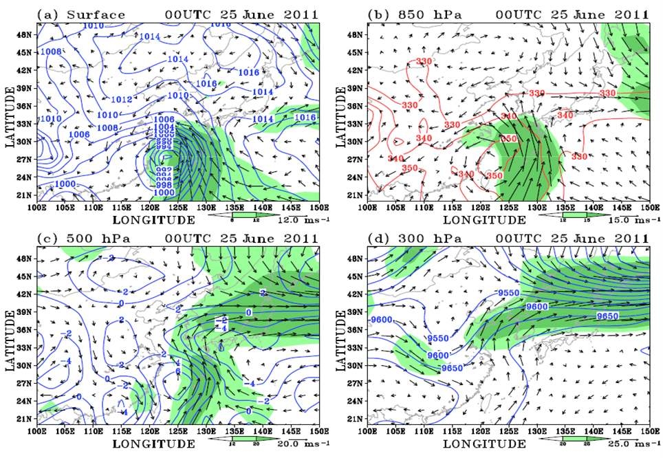 Fig. 3.1.38. (a) Pressure and wind vector at the surface, (b) equivalent potential temperature and wind vector at the level of 850 hPa, (c) relative vorticity and wind vector at the level of 500 hPa, (d) geopotential height and wind vector at the level of 300 hPa at 0900 LST on 25 June 2011.