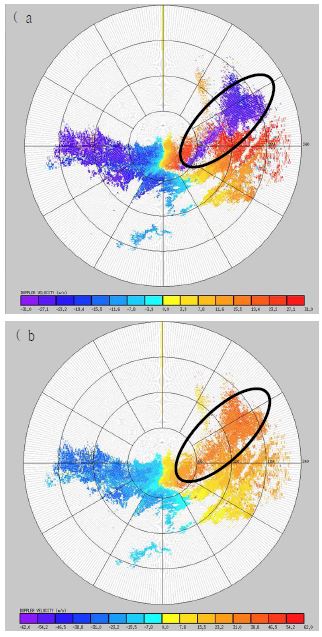 Fig. 3.2.3. Radial velocity observed on 15 July 2009 02:42:07 UTC at 2.18 elevation angle from Jindo Radar