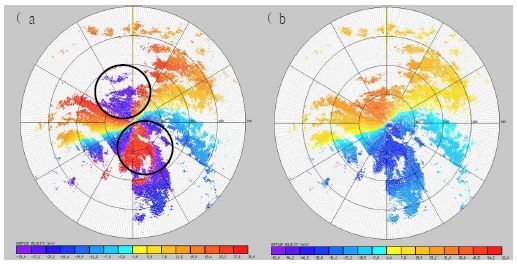 Fig. 3.2.5. Same as Fig. 3.2.3. but observed on 21:21:39 UTC 25 July 2011, typhoon MEARI, at 1.1 elevation angle.