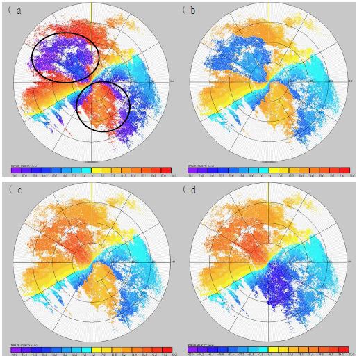 Fig. 3.2.6. Radial velocity observed on 02:42:07 UTC 15 July 2009, typhoon MUIFA, at 2.18 elevation angle from Jindo Radar (a) before unfolding process, (b) and (c) under unfolding process and (d) after unfolding process.