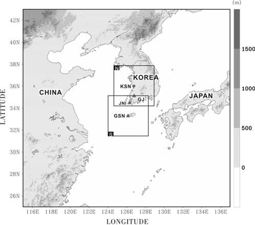 Fig. 3.3.1. Geographic map of Korean Peninsula in East Asia. Dual-Doppler radar analysis domain for KSN, JNI, and GSN radars.