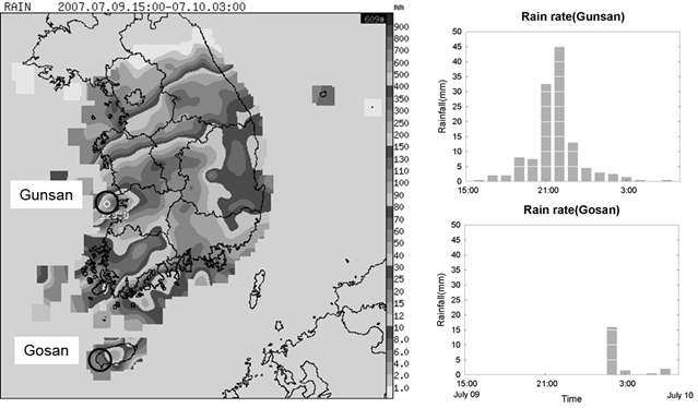 Fig. 3.3.2. The 12-h accumulated rainfall amounts over Korea from 1500 LST 9 July to 0300 LST 10 July, 2007 (left).