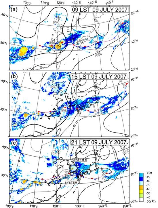 Fig. 3.3.3. Surface weather maps with superimposed MTSAT-IR images at (a) 0900 LST, (b) 1500 LST, and (c) 2100 LST 9 July, 2007.