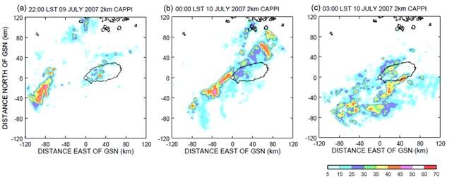 Fig. 3.3.12. Same as Fig. 3.3.11 but for (a) 2200 LST, (b) 0000 LST, and (c) 0300 LST from 9 to 10 July, 2007.