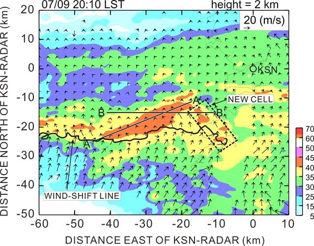 Fig. 3.3.13. Horizontal distributions of reflectivity and system relative wind vector at 2 km ASL at 2010 LST 9 July, 2007.