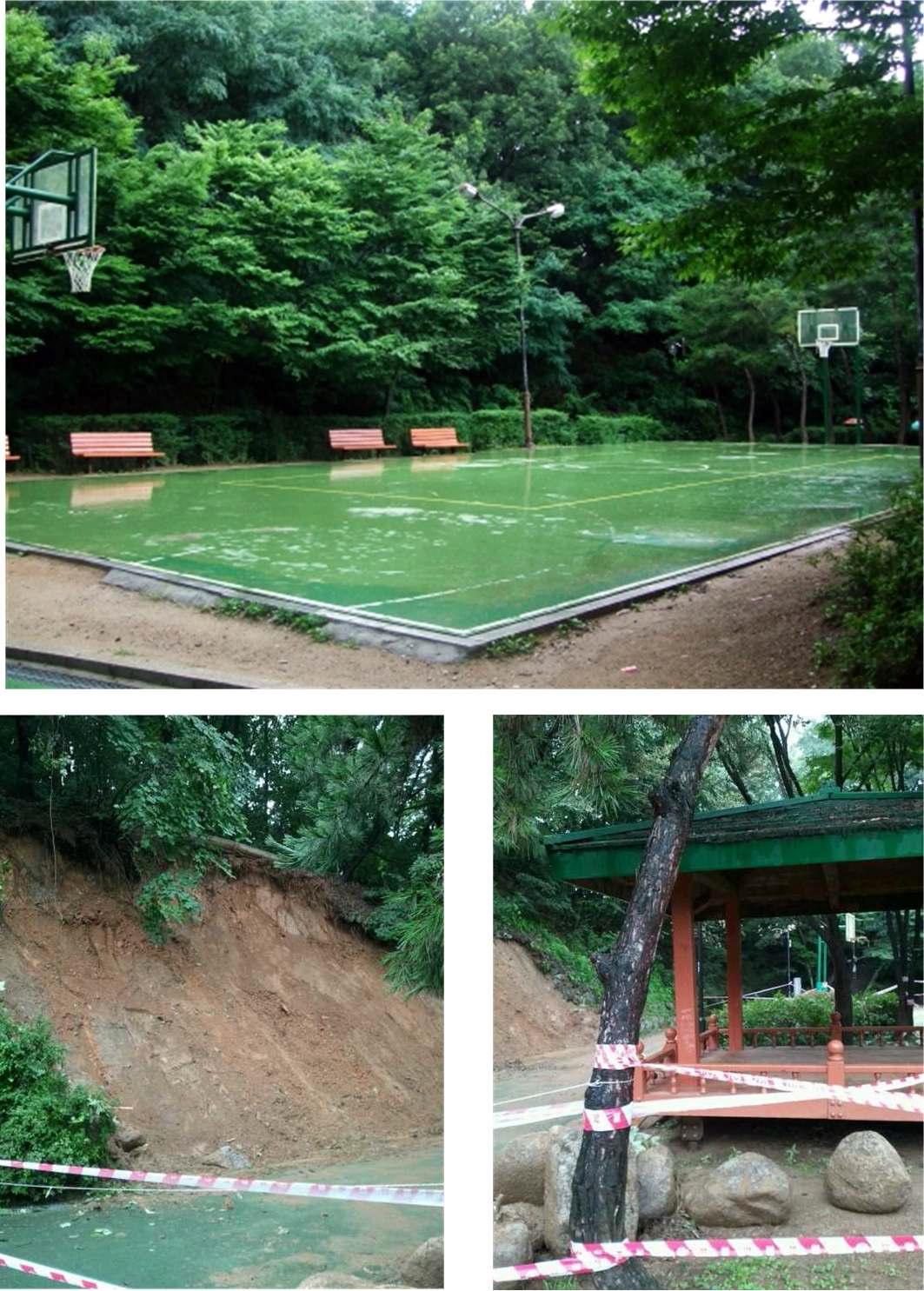 서울시 강남구 개포동 달터공원 산사태 (위:발생전, 아래:발생후)