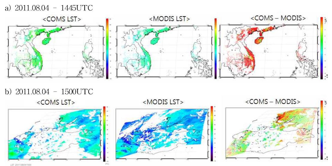 Fig. 3.3.21. Spatial distribution of retrieved COMS LST and MODIS LST, and differences between COMS and MODIS LST on 4th Aug. 2011.