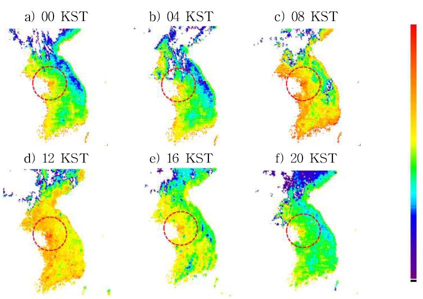 Fig. 3.4.1. Temporal variation of the land surface temperature in Seoul(2010. 09. 16).