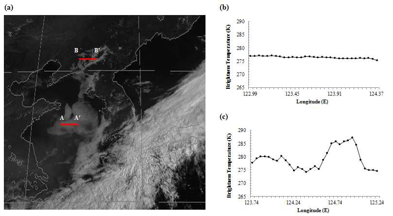Fig. 3.4.11. COMS visible image and IR1 brightness temperature along longitude in fixed latitude