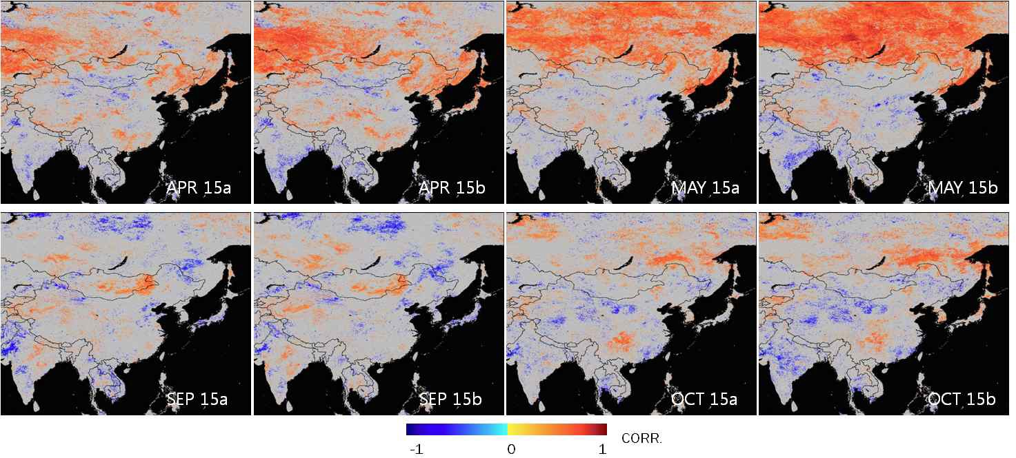 Fig. 3.4.28. Correlation between monthly NDVI and minimum temperature for spring(April, May) and fall(September, October).