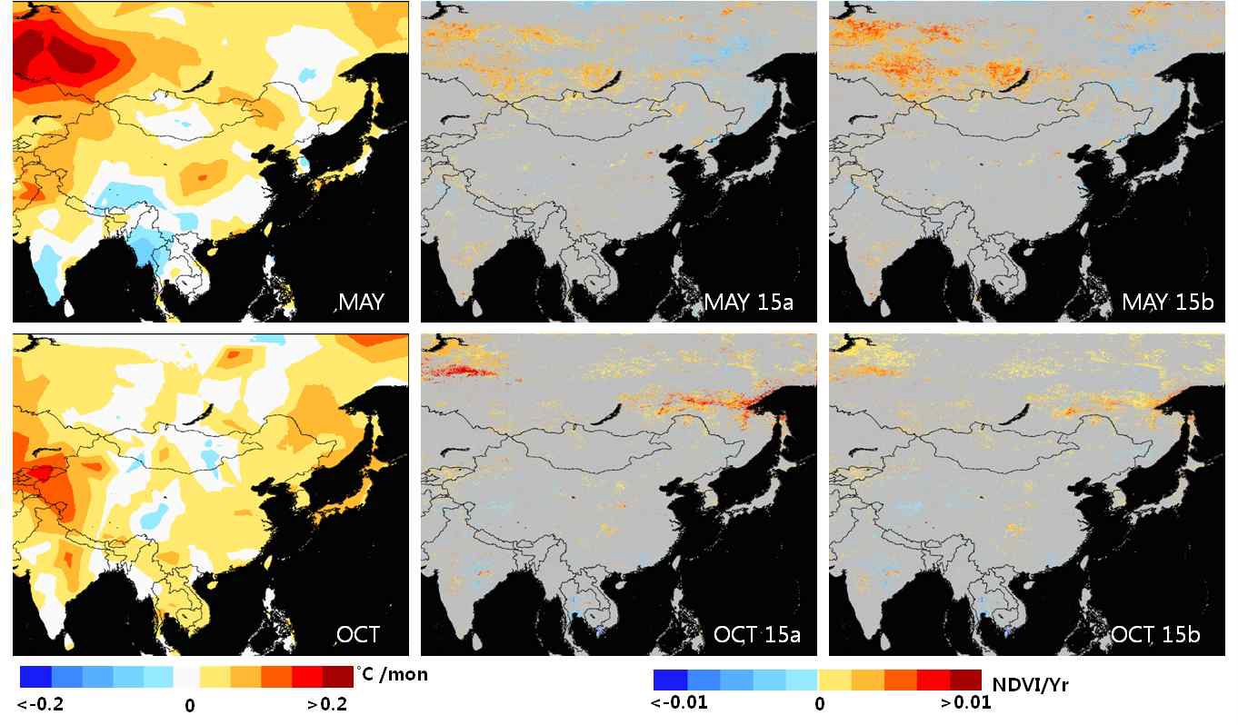 Fig. 3.4.29. Trends of temperature for 25 years (left) and significant trends of vegetation abstracted from significant pixels (middle, right) within p <10% at May (upper pannel) and October (lower panenl).