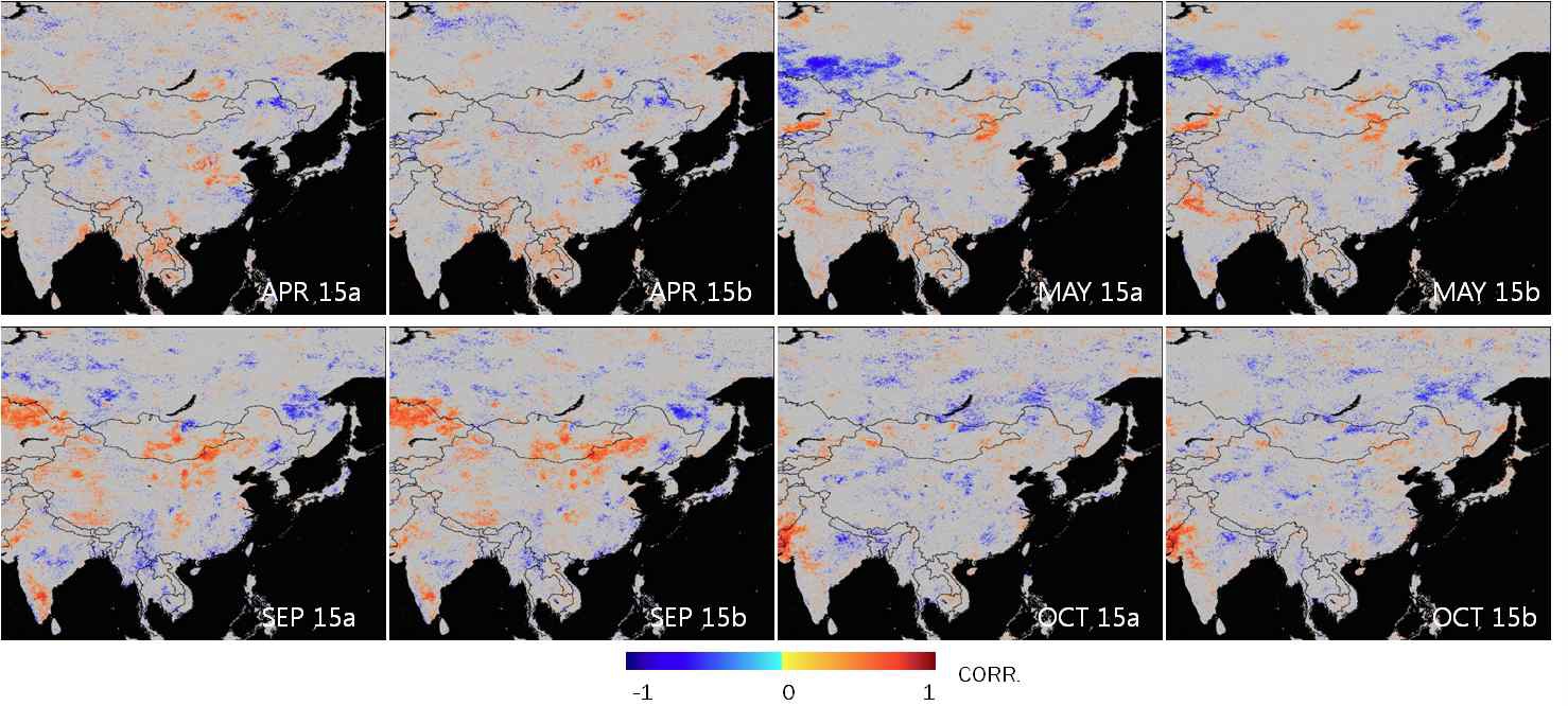 Fig. 3.4.31. Same as in Fig.3.4.28 except for precipitation(1month lag), Spring(April, May) and fall(September, October)