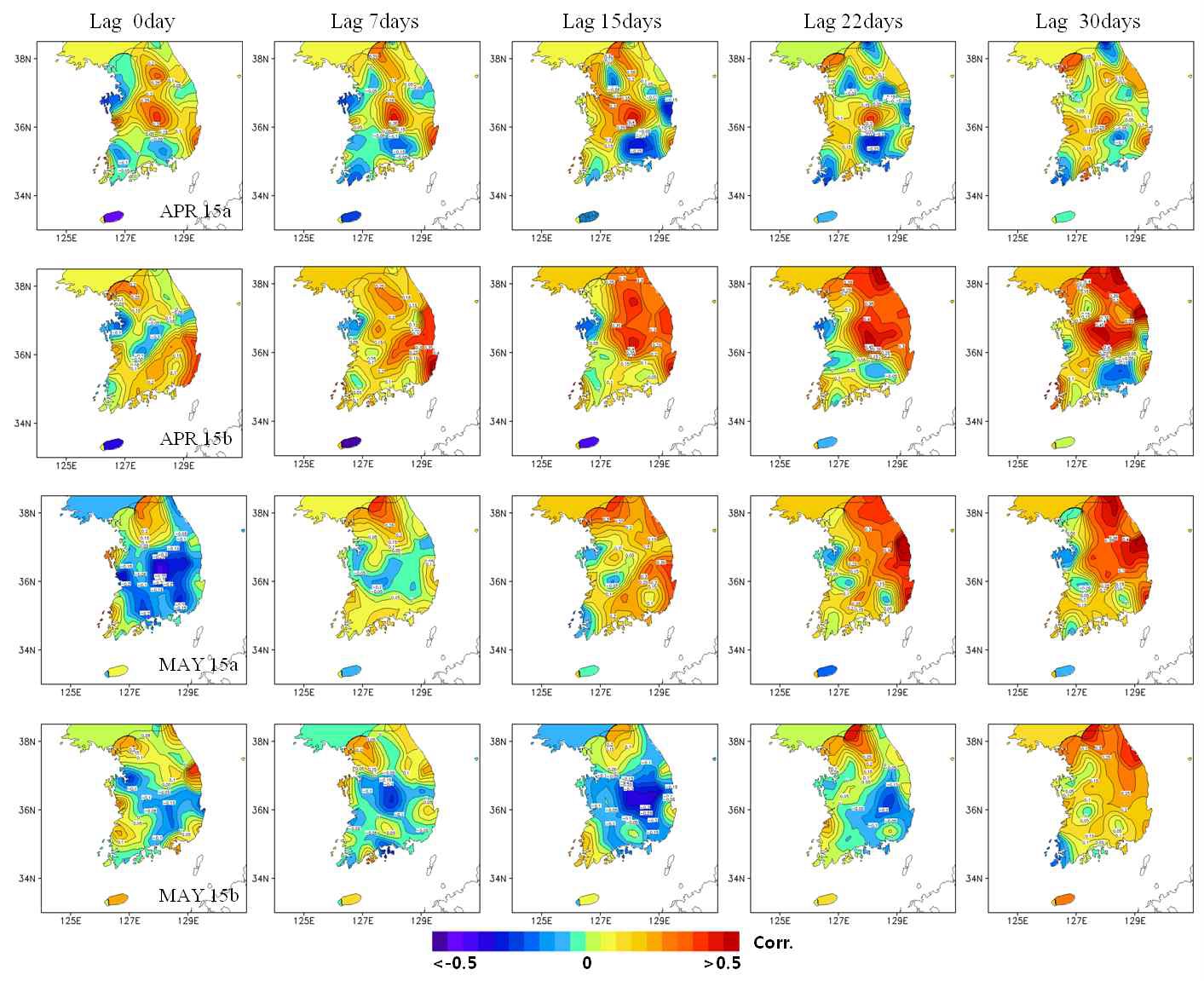 Fig. 3.4.32. The correlation between vegetation and temperature according to the lag time at South Korea in April and May
